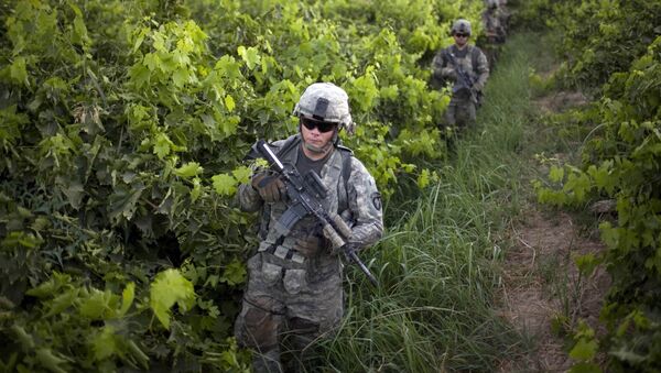 U.S. Army soldiers from the 1-320th Alpha Battery, 2nd Brigade of the 101st Airborne Division, walk among grape orchards during a patrol towards COP Nolen, in the volatile Arghandab Valley, Kandahar, Afghanistan, Tuesday, July 20, 2010 - Sputnik International