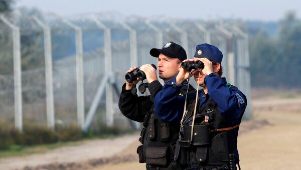 Hungarian and Polish policeman patrol at the Hungary and Serbia border fence near the village of Asotthalom, Hungary, October 2, 2016 as Hungarians vote in a referendum on the European Union's migrant quotas. - Sputnik International