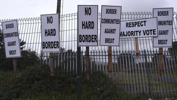 Banners are displayed during a protest by Anti-Brexit campaigners, Borders Against Brexit, against Britain's vote to leave the European Union, at the border town of Carrickcarnon in Ireland October 8, 2016. - Sputnik International