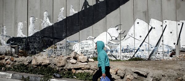 A Palestinian boy walks past graffiti painted on Israel's controversial separation barrier in the Aida refugee camp situated inside the West Bank town of Bethlehem, on February 12, 2016. - Sputnik International