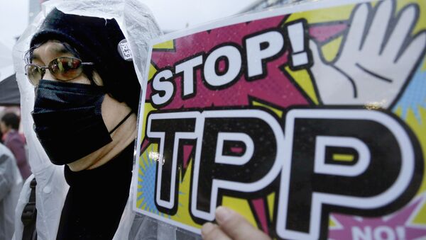 A protester holds a placard during a rally against the Trans-Pacific Partnership (TPP) in Tokyo - Sputnik International