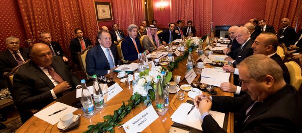 (From L-R), Egypt's Foreign Minister Sameh Shoukry, Russia's Foreign Minister Sergei Lavrov, U.S. Secretary of State John Kerry, Saudi Arabia's Foreign Minister Adel al-Jubeir, Qatar's Foreign Minister Sheikh Mohammed bin Abdulrahman al-Thani, Iraq's Foreign Minister Ibrahim al-Jaafari, Iran's Foreign Minister Mohammad Javad Zarif, Staffan de Mistura, UN Special Envoy of the Secretary-General for Syria, Turkey's Foreign Affairs Minister Mevlut Cavusoglu, Jordan's Foreign Minister Nasser Judeh, speak together around a table during a bilateral meeting where they discussed the crisis in Syria, in Lausanne, Switzerland, October 15, 2016 (From L-R), Egypt's Foreign Minister Sameh Shoukry, Russia's Foreign Minister Sergei Lavrov, U.S. Secretary of State John Kerry, Saudi Arabia's Foreign Minister Adel al-Jubeir, Qatar's Foreign Minister Sheikh Mohammed bin Abdulrahman al-Thani, Iraq's Foreign Minister Ibrahim al-Jaafari, Iran's Foreign Minister Mohammad Javad Zarif, Staffan de Mistura, UN Special Envoy of the Secretary-General for Syria, Turkey's Foreign Affairs Minister Mevlut Cavusoglu, Jordan's Foreign Minister Nasser Judeh, speak together around a table during a bilateral meeting where they discussed the crisis in Syria, in Lausanne, Switzerland, October 15, 2016 - Sputnik International