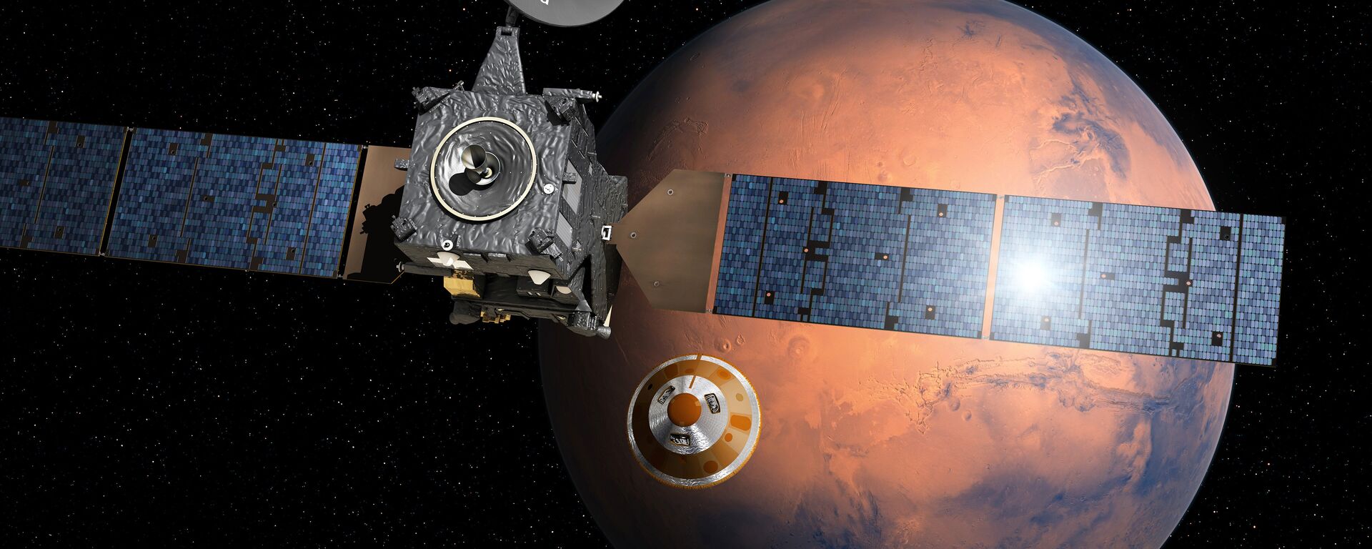 Artist’s impression provided by the European Space Agency, ESA, depicting the separation of the ExoMars 2016 entry, descent and landing demonstrator module, named Schiaparelli, center, from the Trace Gas Orbiter, TGO,left, and heading for Mars - Sputnik International, 1920, 19.12.2021