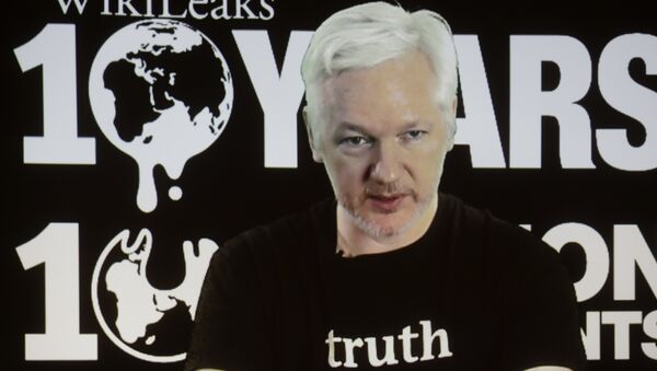 In this Oct. 4, 2016 file photo, WikiLeaks founder Julian Assange participates via video link at a news conference marking the 10th anniversary of the secrecy-spilling group in Berlin. WikiLeaks said on Monday, Oct. 17, 2016, that Assange's internet access has been cut by an unidentified state actor. - Sputnik International