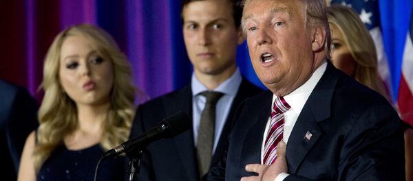 Republican presidential candidate Donald Trump is joined by his daughter Tiffany, left, and son-in-law Jared Kushner as he speaks during a news conference at the Trump National Golf Club Westchester, Tuesday, June 7, 2016, in Briarcliff Manor, NY. Republican presidential candidate Donald Trump is joined by his daughter Tiffany, left, and son-in-law Jared Kushner as he speaks during a news conference at the Trump National Golf Club Westchester, Tuesday, June 7, 2016, in Briarcliff Manor, NY. - Sputnik International