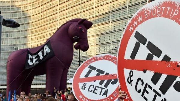 Thousands of people demonstrate against the Transatlantic Trade and Investment Partnership (TTIP) and the EU-Canada Comprehensive Economic and Trade Agreement (CETA) in the centre of Brussels, Belgium September 20, 2016 - Sputnik International