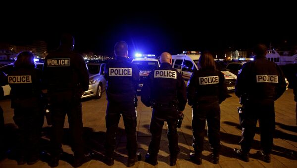 Police officers gather during an unauthorised protest against anti-police violence at the old harbour in Marseille, France, early October 19, 2016 - Sputnik International