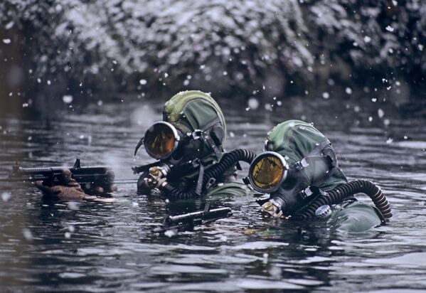 Soldiers of the Russian Northern Fleet’s Underwater Sabotage Forces and Means (PDSS) perform a combat mission in the Barents Sea. - Sputnik International
