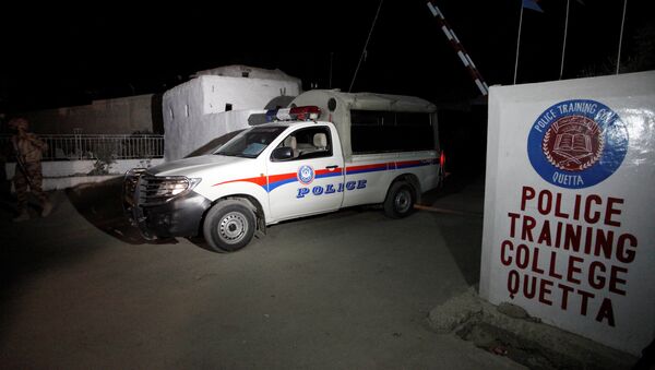 A police truck is seen at a gate to the Police Training Center after an attack on the center in Quetta, Pakistan October 25, 2016 - Sputnik International