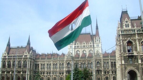 A flag from the 1956 Hungarian Revolution on the memorial to the victims located outside the Hungarian Parliament Building - Sputnik International