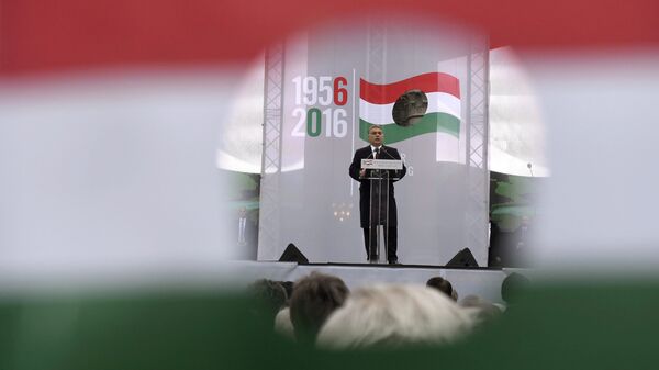 Hungarian Prime Minister Viktor Orban delivers his address as pictured through a hole on the national flag during the state commemoration ceremony of the 1956 Hungarian revolution and freedom fight against communism and Soviet rule in front of the Parliament building in downtown Budapest, Hungary, Sunday, Oct. 23, 2016 - Sputnik International