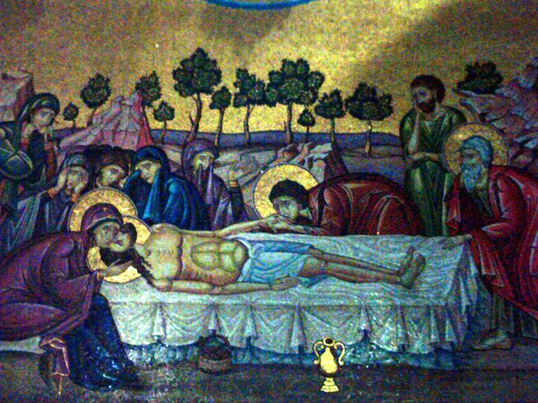A mosaic depiction of Christ's body being prepared after his death, opposite the Stone of Anointing A mosaic depiction of Christ's body being prepared after his death, opposite the Stone of Anointing - Sputnik International
