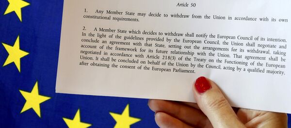 Article 50 of the EU's Lisbon Treaty that deals with the mechanism for departure is pictured near an EU flag following Britain's referendum results to leave the European Union, in this photo illustration taken in Brussels, Belgium, June 24, 2016. Article 50 of the EU's Lisbon Treaty that deals with the mechanism for departure is pictured near an EU flag following Britain's referendum results to leave the European Union, in this photo illustration taken in Brussels, Belgium, June 24, 2016. - Sputnik International