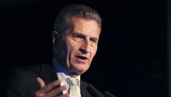 European Commissioner for Digital Economy and Society Gunther Oettinger addresses the opening of French employers' association Medef's Universite du Numerique at the Medef headquarters in Paris on June 10, 2015 - Sputnik International
