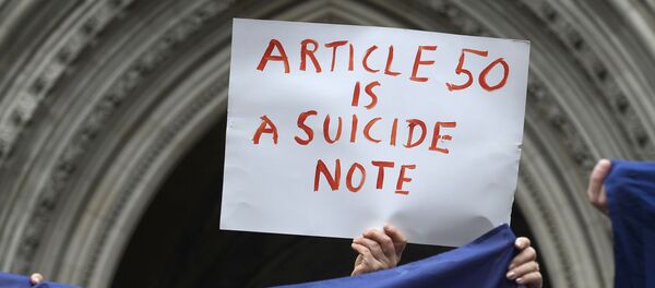 Article 50 of the EU's Lisbon Treaty that deals with the mechanism for departure is pictured with an EU flag following Britain's referendum results to leave the European Union, in this photo illustration taken in Brussels, Belgium, June 24, 2016 Article 50 of the EU's Lisbon Treaty that deals with the mechanism for departure is pictured with an EU flag following Britain's referendum results to leave the European Union, in this photo illustration taken in Brussels, Belgium, June 24, 2016 - Sputnik International