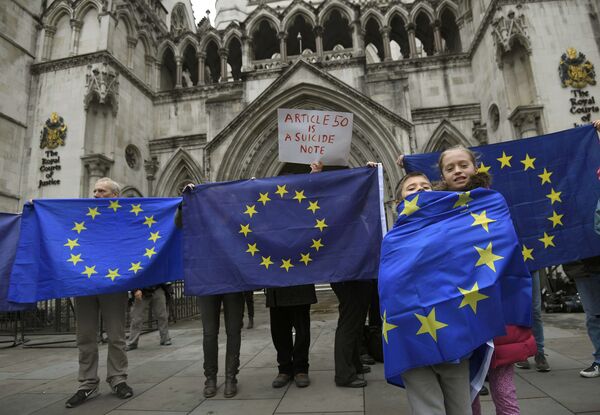 Demonstrators stand outside the High Court during a legal challenge to force the British government to seek parliamentary approval before starting the formal process of leaving the European Union, in London, Britain, October 13, 2016 Demonstrators stand outside the High Court during a legal challenge to force the British government to seek parliamentary approval before starting the formal process of leaving the European Union, in London, Britain, October 13, 2016 - Sputnik International