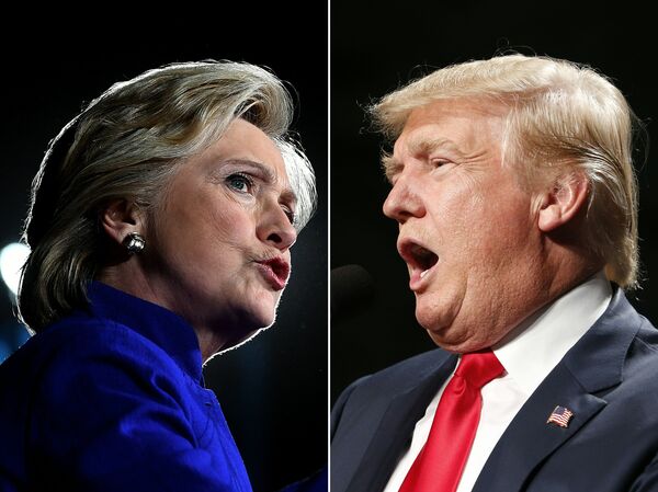US Democratic presidential nominee Hillary Clinton in Tempe, Arizona, on November 2, 2016 and US Republican Presidential nominee Donald Trump in Warren, Michigan on October 31, 2016. US Democratic presidential nominee Hillary Clinton in Tempe, Arizona, on November 2, 2016 and US Republican Presidential nominee Donald Trump in Warren, Michigan on October 31, 2016. - Sputnik International