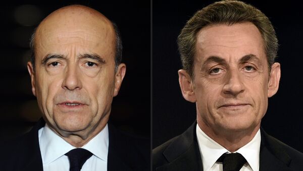 A combination of photographs created in Paris on September 21, 2016 shows candidates for the right-wing Les Republicains (LR) party primaries ahead of the 2017 presidential election, mayor of Bordeaux Alain Juppe (L) pictured on January 20, 2012 in Paris and former French President Nicolas Sarkozy pictured on November 30, 2014 in Boulogne-Billancourt - Sputnik International