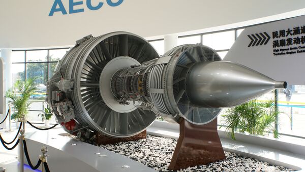 A mock-up of a Chinese-designed high-bypass turbofan engine for ChinaÕs civil jetliner programme is displayed inside the pavilion of a new state-owned engine-making giant, Aero Engine Corporation of China (AECC), at Airshow China in Zhuhai, Guangdong province, on November 3, 2016. - Sputnik International