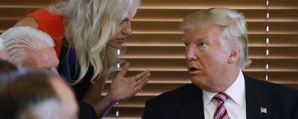 Republican presidential candidate Donald Trump, right, talks with his campaign manager Kellyanne Conway during a visit to Goody's Restaurant, Monday, Sept. 5, 2016, in Brook Park, Ohio. Republican presidential candidate Donald Trump, right, talks with his campaign manager Kellyanne Conway during a visit to Goody's Restaurant, Monday, Sept. 5, 2016, in Brook Park, Ohio. - Sputnik International