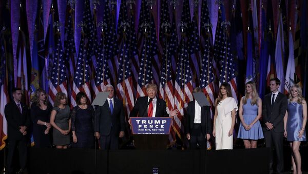 U.S. President-elect Donald Trump, along with his family and running mate Mike Pence, addresses supporters during his election night rally in Manhattan, New York, U.S., November 9, 2016 - Sputnik International