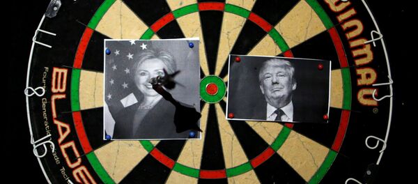 A dart board with images of Republican U.S. presidential candidate Donald Trump (R) and Democratic U.S. presidential candidate Hillary Clinton is seen at an election event held by Republicans Overseas Israel at a bar in Jerusalem November 9, 2016 - Sputnik International