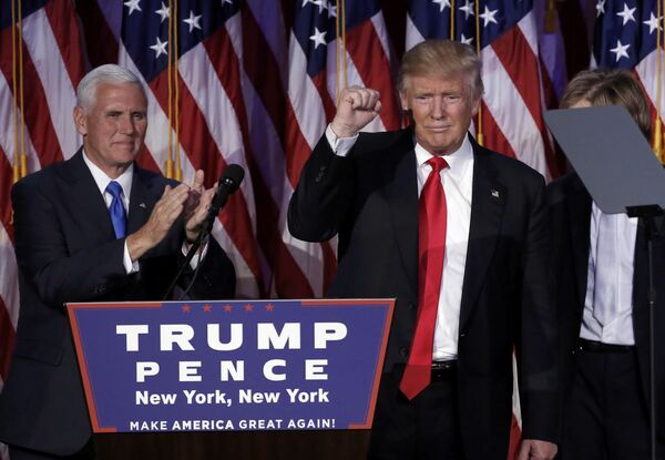 US President-elect Donald Trump and his running mate Mike Pence address their election night rally in Manhattan, New York, US, November 9, 2016. - Sputnik International