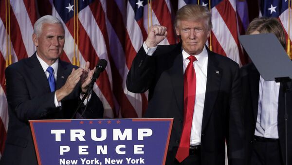 US President-elect Donald Trump and his running mate Mike Pence address their election night rally in Manhattan, New York, US, November 9, 2016. - Sputnik International
