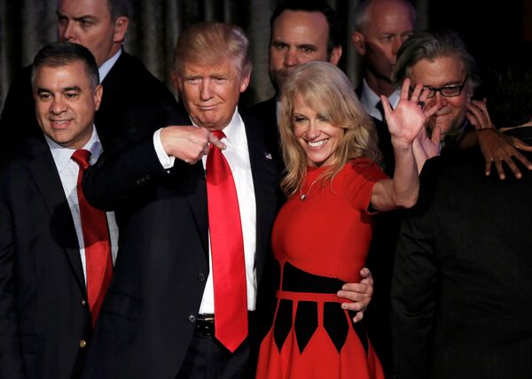 US President-elect Donald Trump and his campaign manager Kellyanne Conway greet supporters during his election night rally in Manhattan, New York, US, November 9, 2016 US President-elect Donald Trump and his campaign manager Kellyanne Conway greet supporters during his election night rally in Manhattan, New York, US, November 9, 2016 - Sputnik International