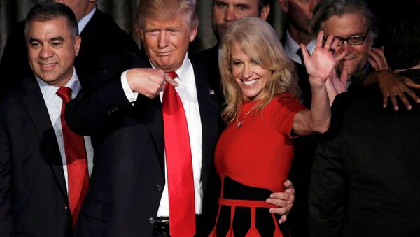 US President-elect Donald Trump and his campaign manager Kellyanne Conway greet supporters during his election night rally in Manhattan, New York, US, November 9, 2016 - Sputnik International