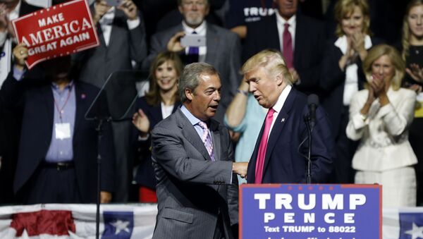 Republican presidential candidate Donald Trump welcomes Nigel Farage, left, ex-leader of the British UKIP party, to speak at a campaign rally in Jackson, Miss., Wednesday, Aug. 24, 2016. - Sputnik International