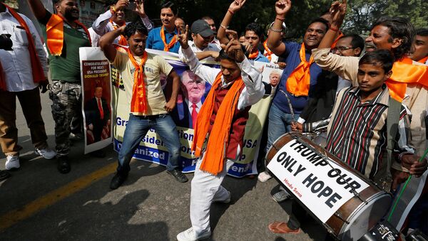 Members of Hindu Sena, a right-wing Hindu group, celebrate Republican presidential nominee Donald Trump's victory in the U.S. elections, in New Delhi, India, November 9, 2016 - Sputnik International
