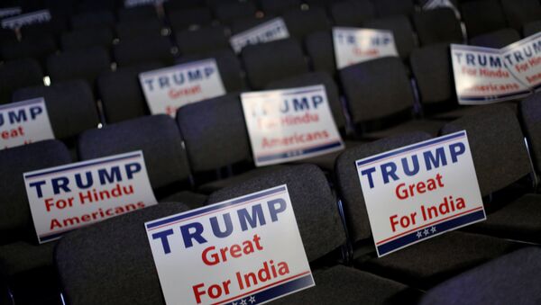 Signs are ready for attendees to hold during Republican presidential nominee Donald Trump's remarks at a Bollywood-themed charity concert put on by the Republican Hindu Coalition in Edison, New Jersey, U.S. October 15, 2016 - Sputnik International