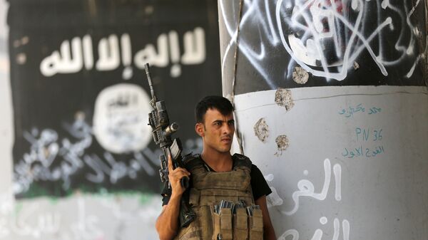 A member of Iraqi counterterrorism forces stands guard near Islamic State group militant graffiti in Fallujah, Iraq (File) - Sputnik International