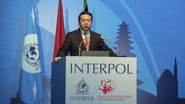 In this photo released by Xinhua News Agency, China's Vice Minister of Public Security Meng Hongwei delivers a campaign speech at the 85th session of the general assembly of the International Criminal Police Organization (Interpol), in Bali, Indonesia, Nov. 10, 2016 - Sputnik International