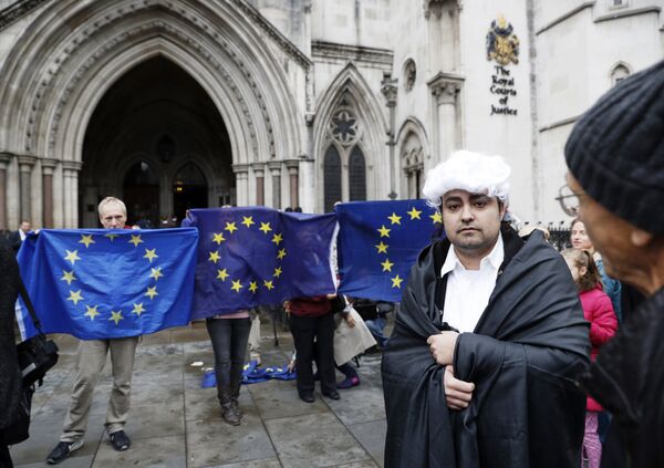 A pro-Brexit supporter (R) from Invoke Article 50 Now!, dressed as a judge, stands in front of Pro-European Union (EU) supporters outside the entrance to The Royal Courts of Justice, Britain's High Court, in London on October 13, 2016, during a protest against the UK's decision to leave the EU. A pro-Brexit supporter (R) from Invoke Article 50 Now!, dressed as a judge, stands in front of Pro-European Union (EU) supporters outside the entrance to The Royal Courts of Justice, Britain's High Court, in London on October 13, 2016, during a protest against the UK's decision to leave the EU. - Sputnik International