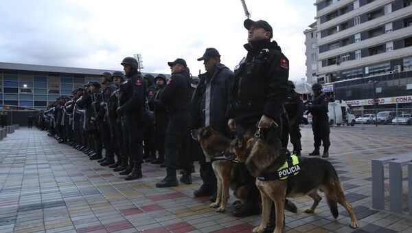 Albanian Police forces line up in front of Elbasan Arena stadium where Albania will play their World Cup 2018 qualifying soccer match against Israel under tight security measures in Elbasan, 50 kilometers (30 miles) south of the capital, Tirana, Saturday, Nov. 12, 2016 - Sputnik International