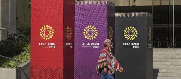 A man dressed in traditional Andean clothes walks past the logo of the APEC 2016 summit in Lima, Peru, Wednesday, Nov. 16, 2016 A man dressed in traditional Andean clothes walks past the logo of the APEC 2016 summit in Lima, Peru, Wednesday, Nov. 16, 2016 - Sputnik International