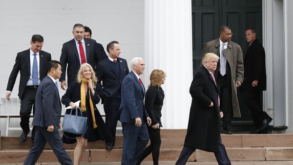 President-elect Donald Trump, foreground from right, Charlotte Pence, Vice President-elect Mike Pence, incoming White House Chief of Staff Reince Priebus and Kellyanne Conway leave services at Lamington Presbyterian Church in Bedminster, N.J., Sunday, Nov. 20, 2016. - Sputnik International