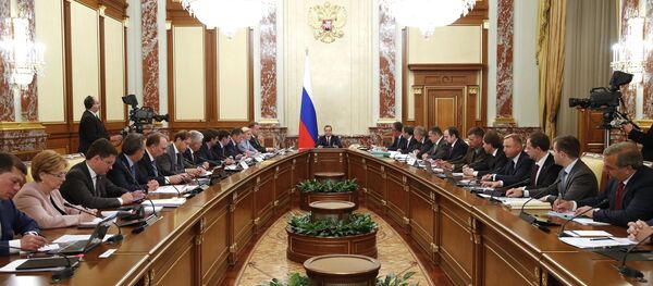 Russian Prime Minister Dmitry Medvedev, center, chairs a Government meeting at the Government House. (File) Russian Prime Minister Dmitry Medvedev, center, chairs a Government meeting at the Government House. (File) - Sputnik International