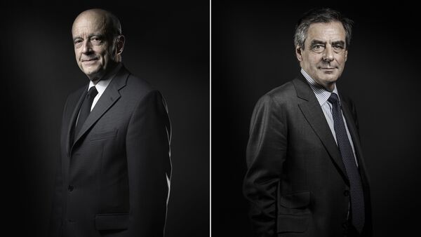 (COMBO) This combination of file pictures created on November 25, 2016 shows Alain Juppe (L) on October 26, 2016 and Francois Fillon (R) on November 25, 2016 during photo sessions in Paris - Sputnik International