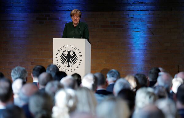 German Chancellor Angela Merkel gives a speech at the 60th anniversary of the founding of the German Intelligence Services (BND) in Berlin, Germany German Chancellor Angela Merkel gives a speech at the 60th anniversary of the founding of the German Intelligence Services (BND) in Berlin, Germany - Sputnik International