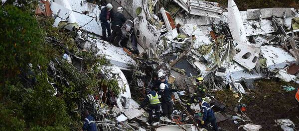 Rescuers search for survivors from the wreckage of the LAMIA airlines charter plane carrying members of the Chapecoense Real football team that crashed in the mountains of Cerro Gordo, municipality of La Union, on November 29, 2016. Rescuers search for survivors from the wreckage of the LAMIA airlines charter plane carrying members of the Chapecoense Real football team that crashed in the mountains of Cerro Gordo, municipality of La Union, on November 29, 2016. - Sputnik International
