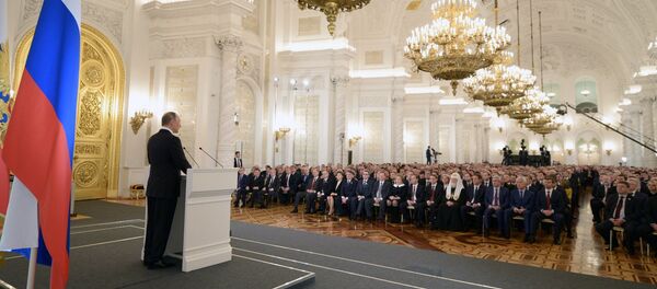 December 3, 2015. Russian President Vladimir Putin delivers his annual Presidential Address to the Federal Assembly at the Kremlin's St. George Hall. December 3, 2015. Russian President Vladimir Putin delivers his annual Presidential Address to the Federal Assembly at the Kremlin's St. George Hall. - Sputnik International
