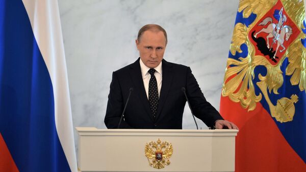 December 3, 2015. Russian President Vladimir Putin delivers his annual Presidential Address to the Federal Assembly at the Kremlin's St. George Hall. - Sputnik International