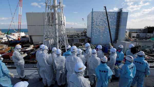 Members of the media, wearing protective suits and masks, receive briefing from Tokyo Electric Power Co. (TEPCO) employees (in blue) in front of the No. 1 (L) and No.2 reactor buildings at TEPCO's tsunami-crippled Fukushima Daiichi nuclear power plant in Okuma town, Fukushima prefecture, Japan February 10, 2016. - Sputnik International