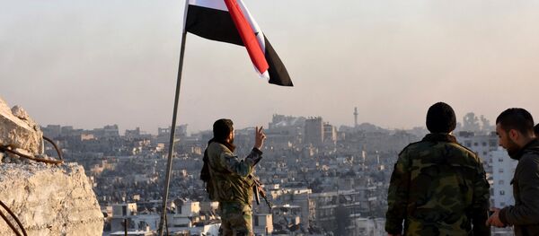 A Syrian government soldier gestures a v-sign under the Syrian national flag near a general view of eastern Aleppo after they took control of al-Sakhour neigbourhood in Aleppo, Syria in this handout picture provided by SANA on November 28, 2016. A Syrian government soldier gestures a v-sign under the Syrian national flag near a general view of eastern Aleppo after they took control of al-Sakhour neigbourhood in Aleppo, Syria in this handout picture provided by SANA on November 28, 2016. - Sputnik International