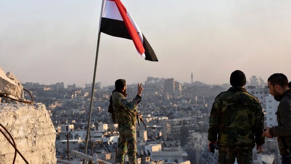 A Syrian government soldier gestures a v-sign under the Syrian national flag near a general view of eastern Aleppo after they took control of al-Sakhour neigbourhood in Aleppo, Syria in this handout picture provided by SANA on November 28, 2016 - Sputnik International