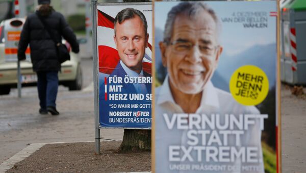 A man passes presidential election campaign posters of far right Freedom Party (FPOe) presidential candidate Norbert Hofer and Alexander Van der Bellen, who is supported by the Greens, in Vienna, Austria, December 1, 2016 - Sputnik International