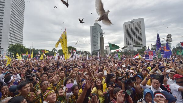 Pigeons fly over Indonesian people as they attend a pro-government rally to call for unity in Jakarta on December 4, 2016 - Sputnik International